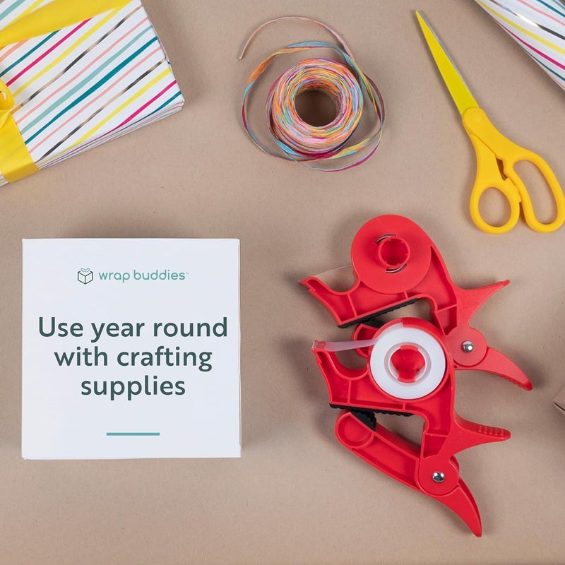 Wrap Buddies أداة تغليف الهدايا على الطاولة مع موزع الشريط - مجموعة من 2 مشابك ورق تغليف قابلة للتعديل مع موزع شريط الحرف - مثالية للعطلات والحرف اليدوية - أحمر الكرز - Image 4